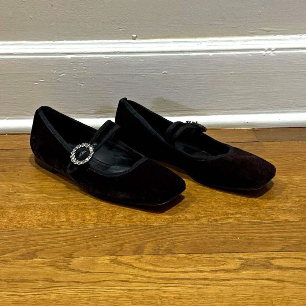 ME+EM Black Velvet Velour Mary Jane Flats Square Toe Rhinestone Buckle Sz EUR 37